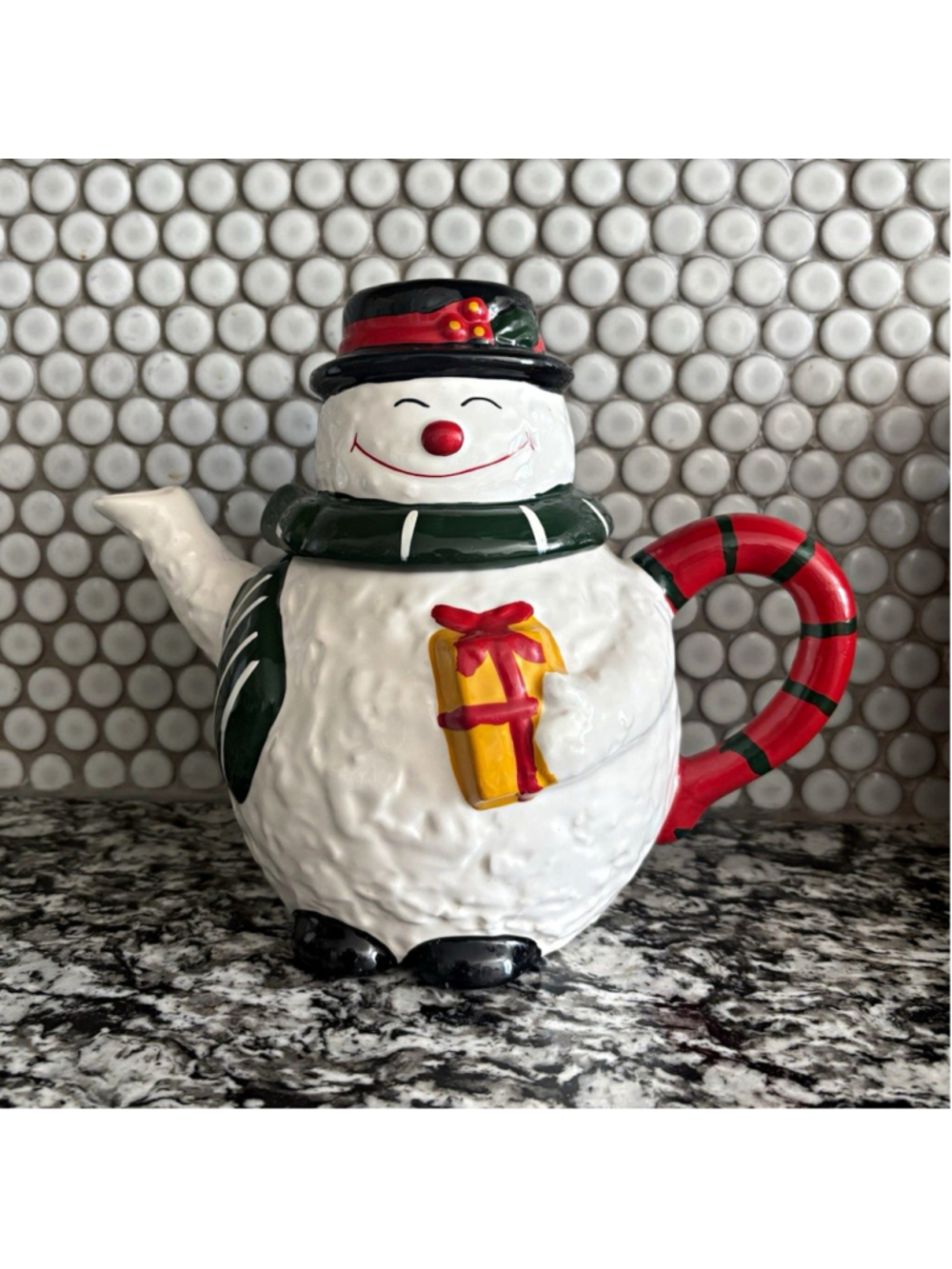Snowman Ceramic Tea Pot w/ Lid, Glossy Novelty Shape, Christmas Seasonal